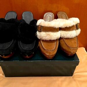 LAUREN Ralph Lauren SABEEN sport suede shearling clogs SZ 7B BLACK And TAN